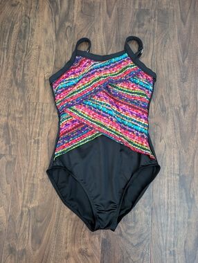 Miraclesuit 10 Women's Black One-Piece Swimsuit with Multicolor Chevron Panel
